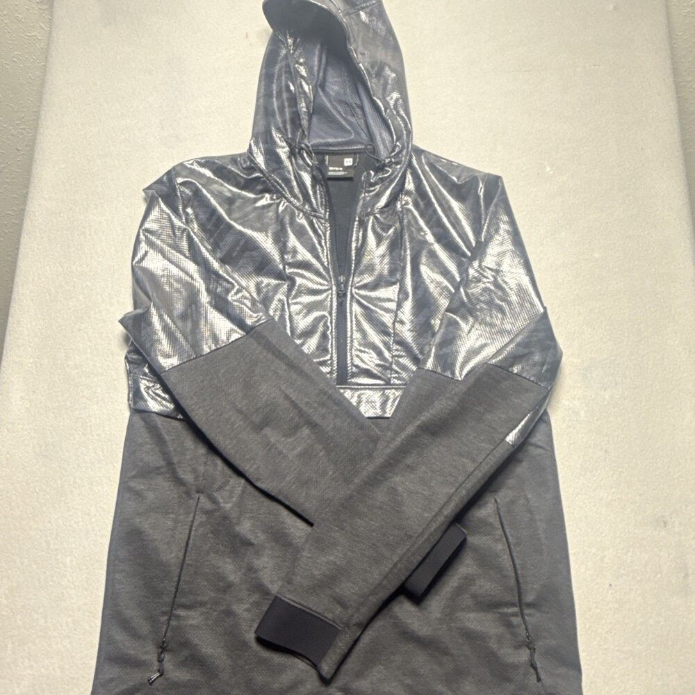 Under Armour Womens L Metallic Silver Anorak Windbreaker Jacket Hooded 1/4 Zip